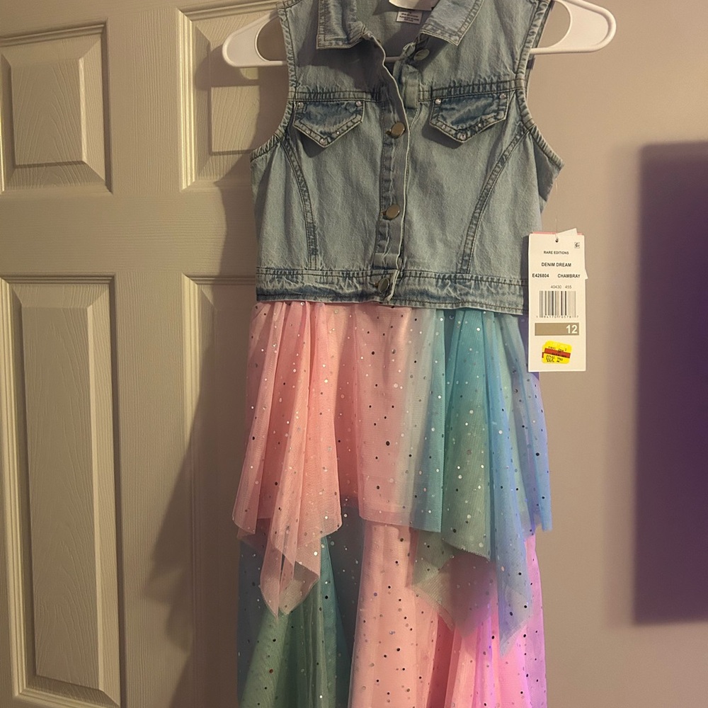 Rare Editions Denim and Rainbow Tulle Dress